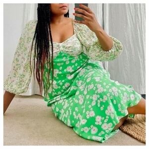 RIXO Target Green Daisy Puff Sleeve Boho Hippie Dress - 20/22